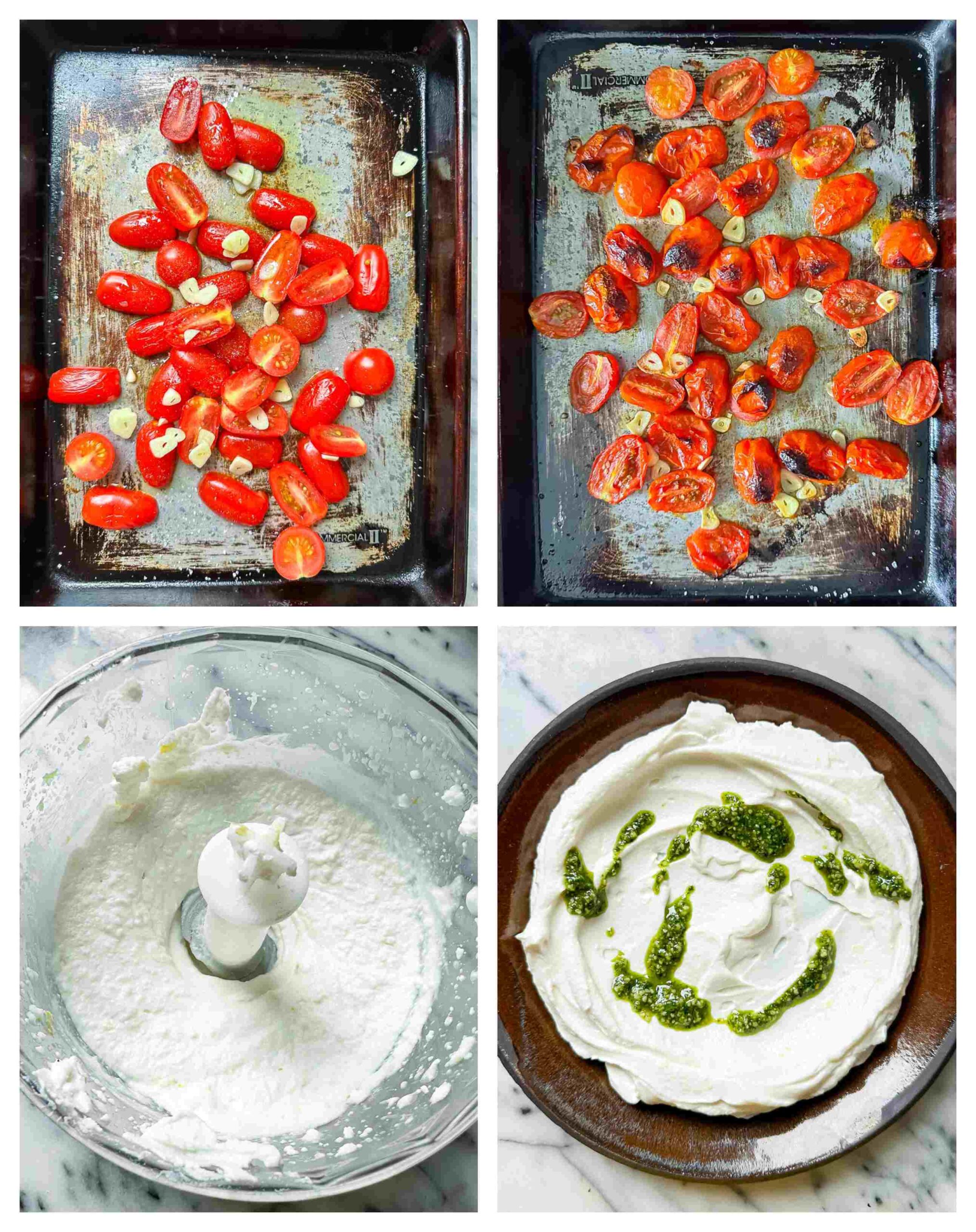 collage of images for roasted cherry tomatoes and whipped ricotta
