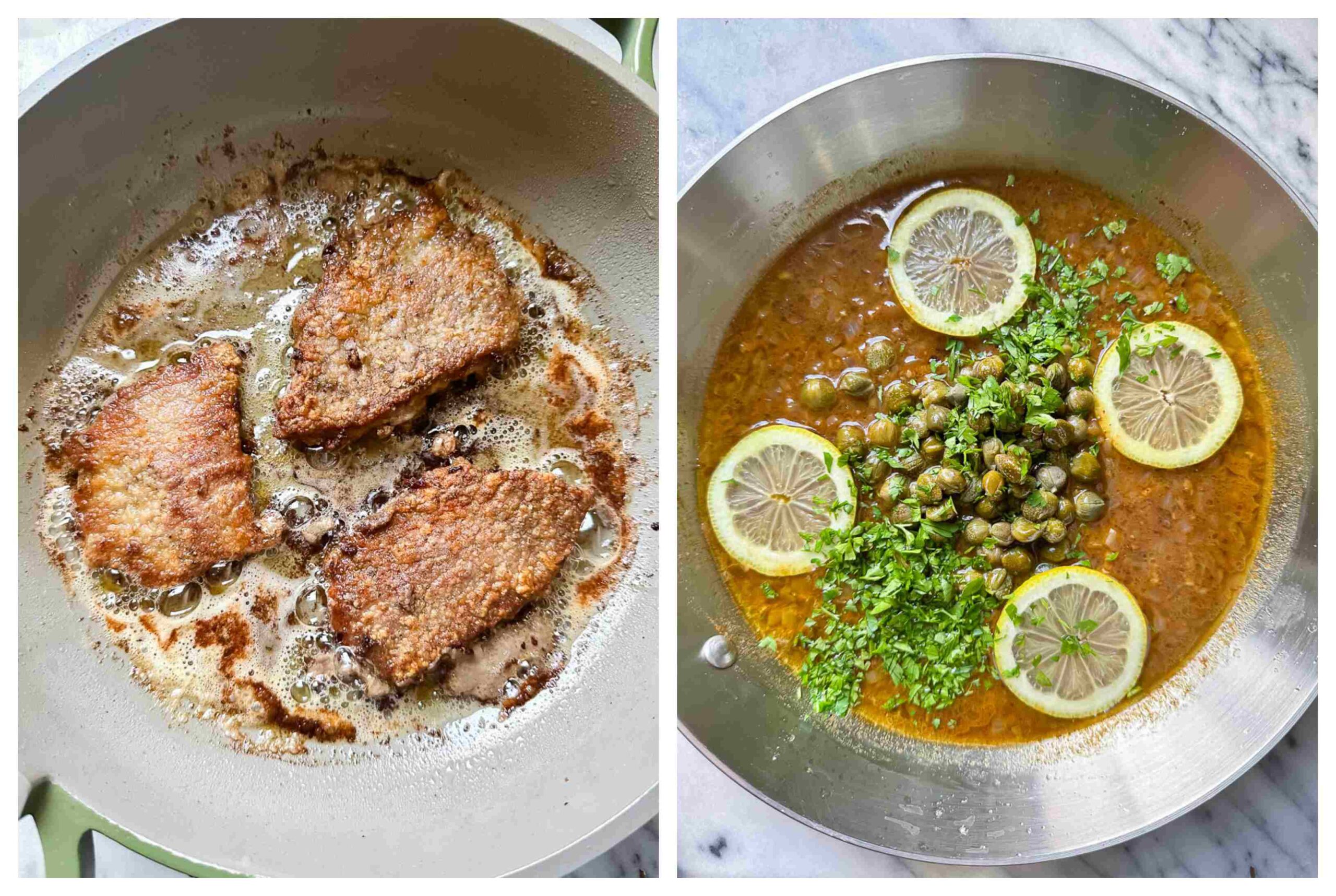 veal piccata recipe steps in two photos