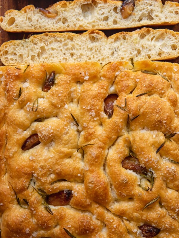 focaccia bread with a few slices cut