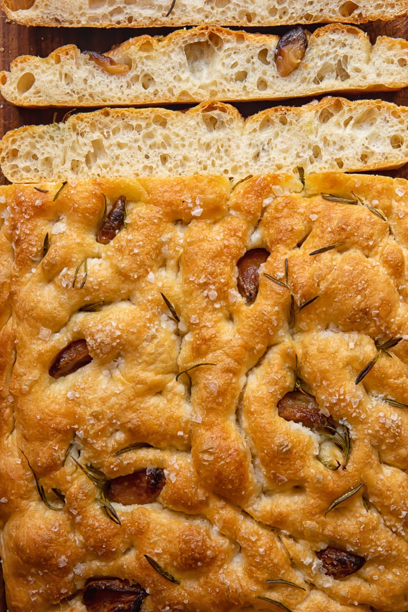 focaccia bread with a few slices cut