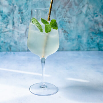 Side shot of Mojito spritz in a glass with a straw and mint.