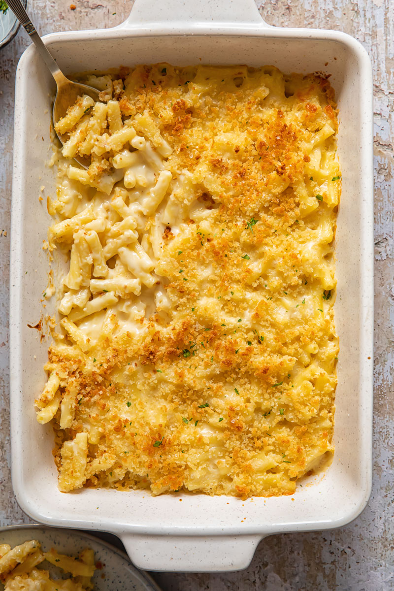 Top down view of truffle mac and cheese in a baking dish