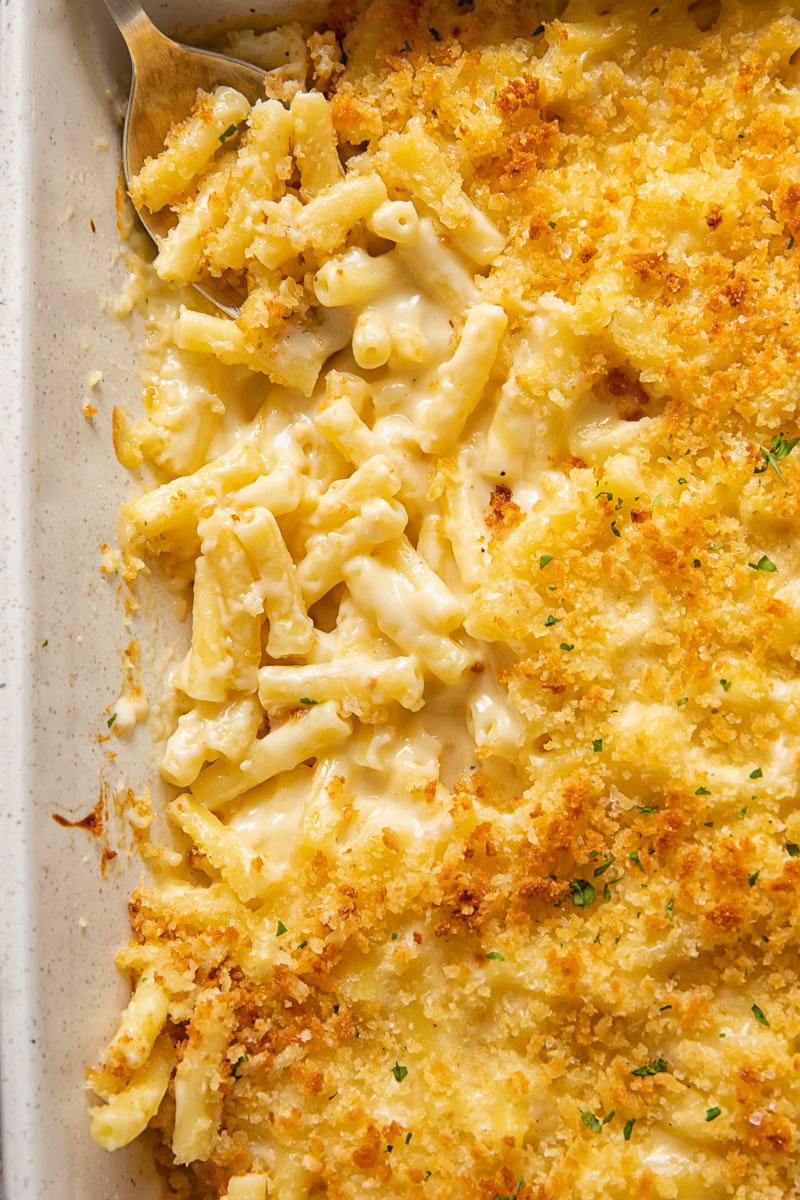 Close up view of truffle mac and cheese in a baking dish