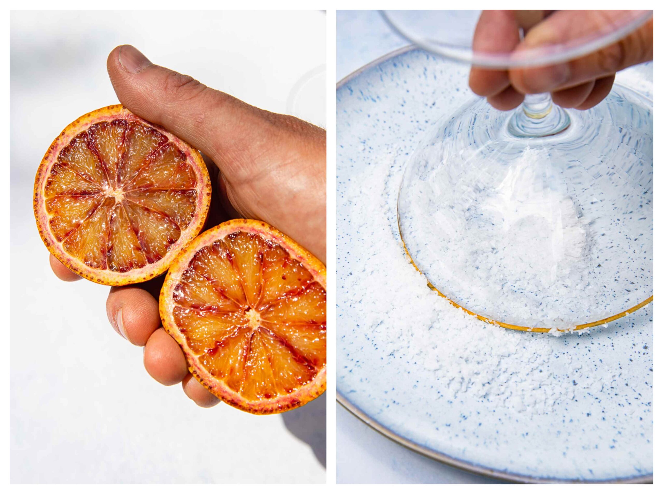 Process shot of blood oranges and glass being prepared for cocktail