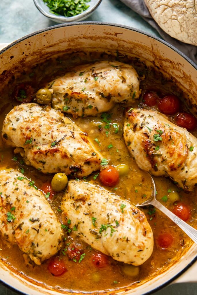 close up of five chicken breasts in Provencal sauce