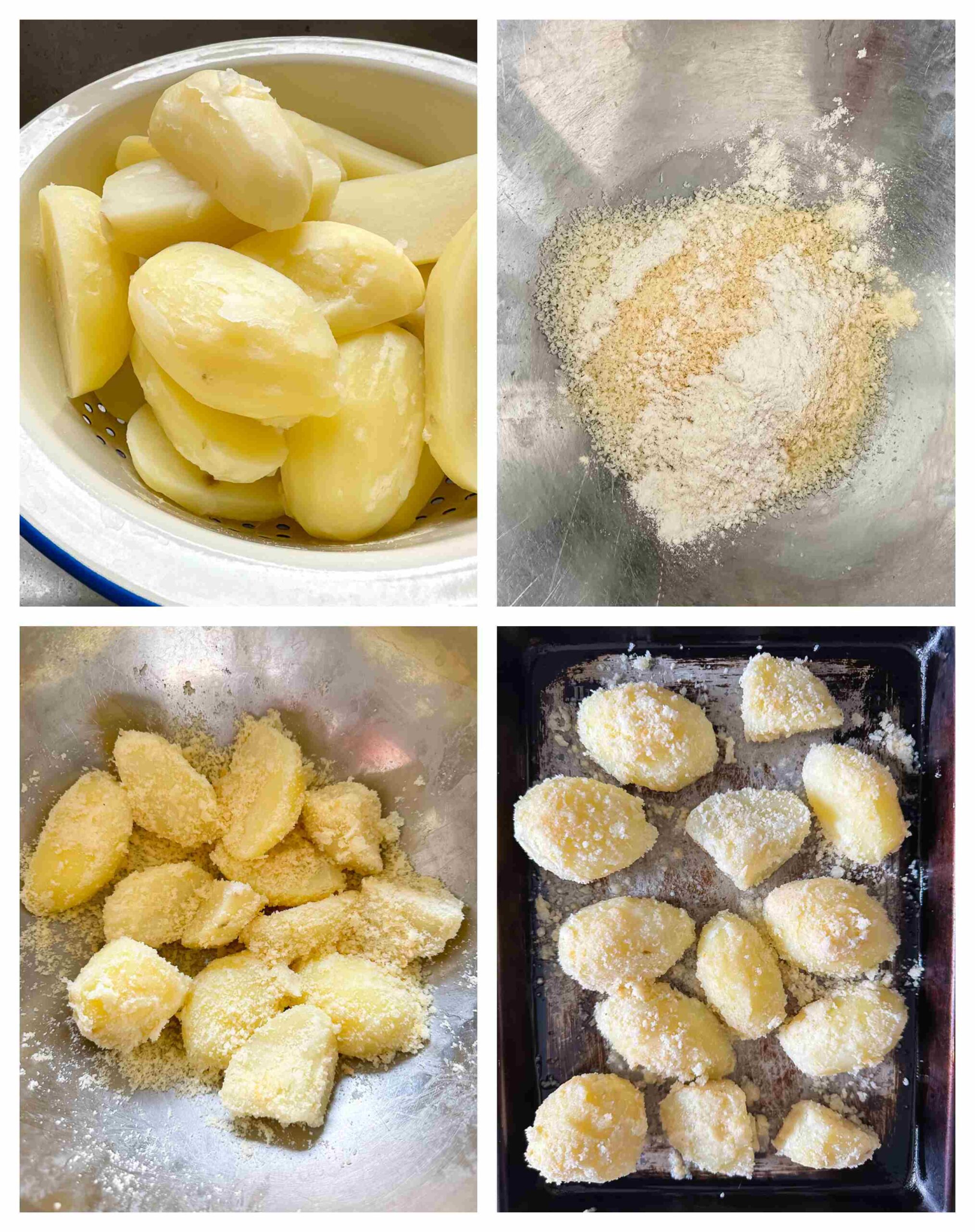Process shot of potatoes being prepared with garlic and Parmesan