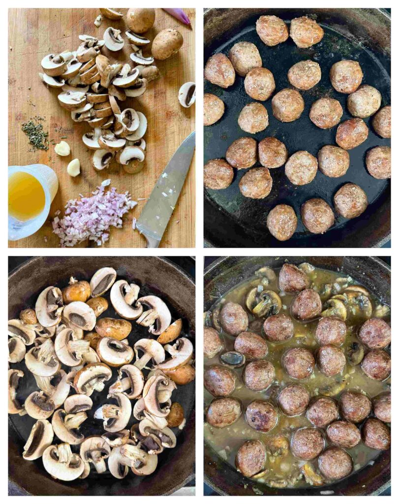 Process shot of meatballs and mushrooms being prepped