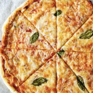 top down of pizza cut into slices