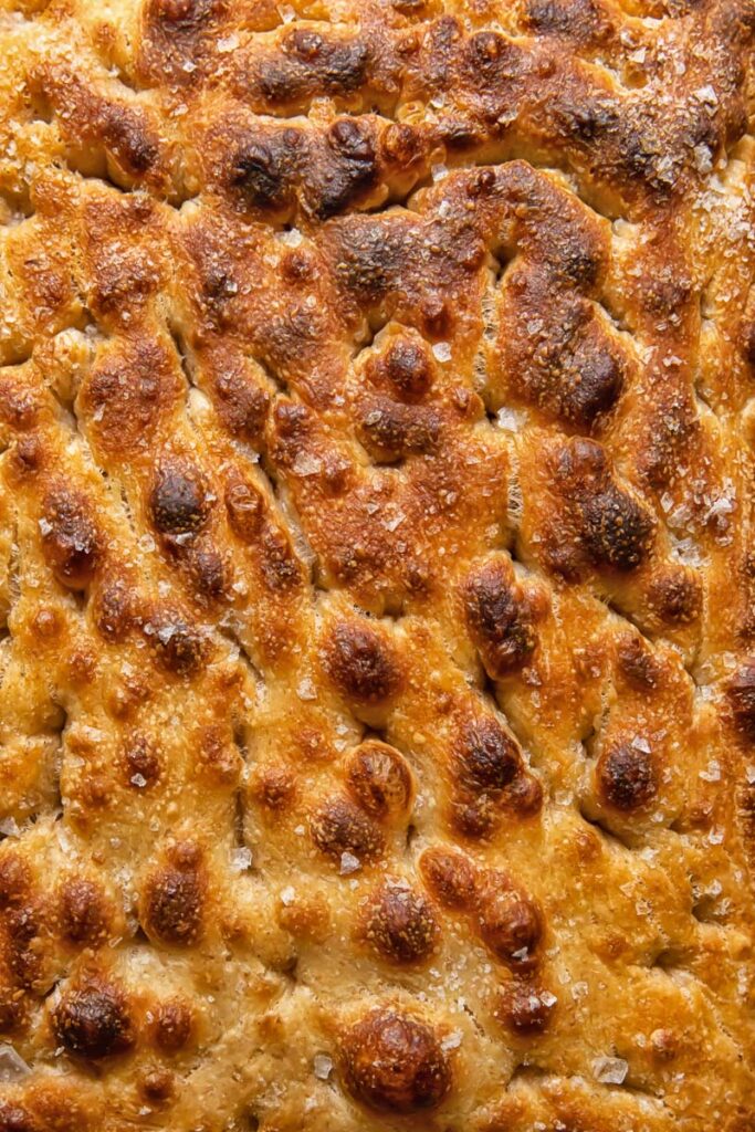 Close up shot of the top of a loaf of sourdough focaccia