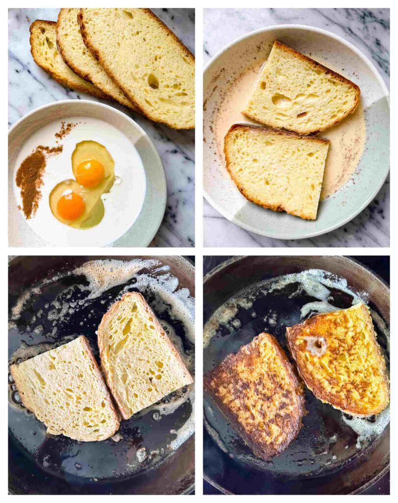 Process shot of sourdough bread being added to French toast mixture and cooked