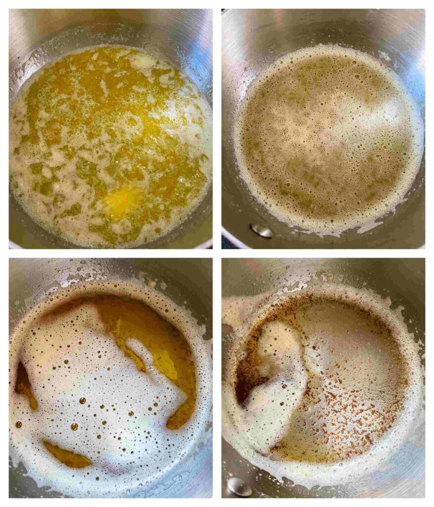 Four process shots showing how to brown the butter in a saucepan