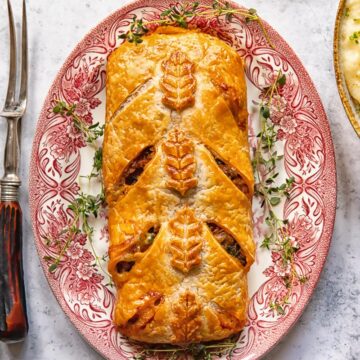 Top down view of the vegetarian wellington on a plate