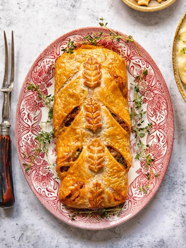 Top down view of the vegetarian wellington on a plate