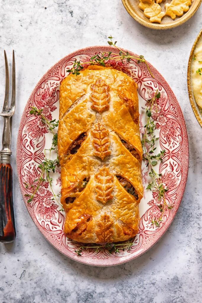 Top down view of the vegetarian wellington on a plate