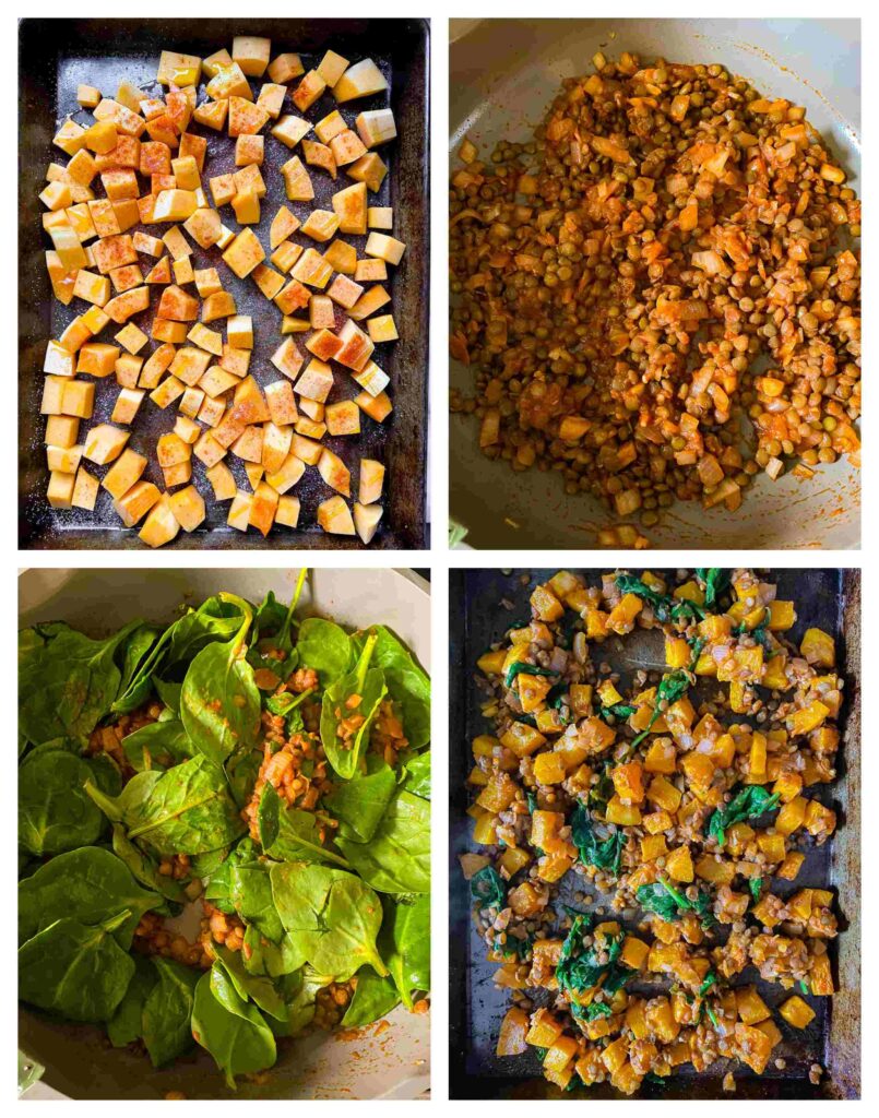Process shots showing the making of the lentil and butternut squash filling