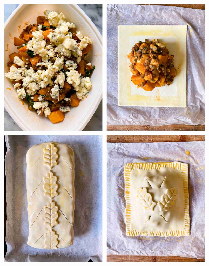 Four process shots showing the assembly of pastry parcels