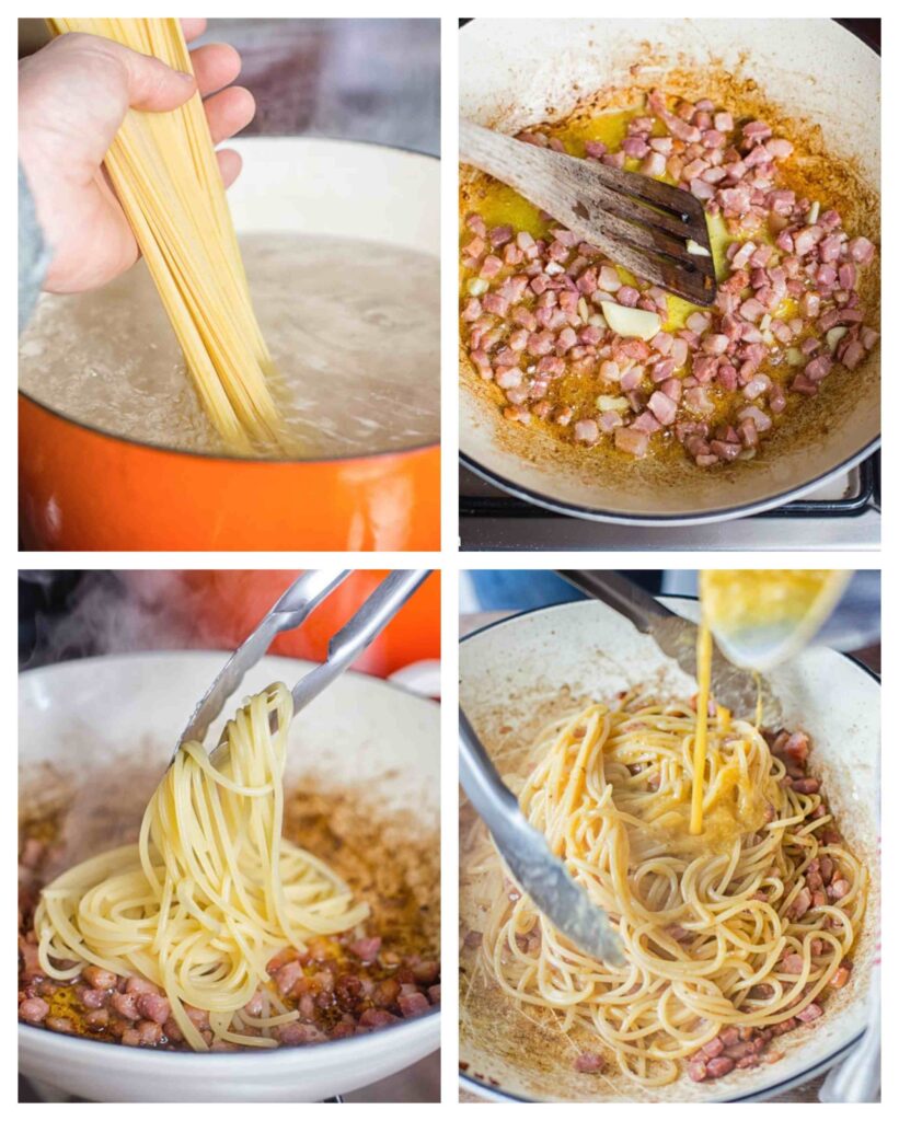Four process images showing how to make the pasta dish