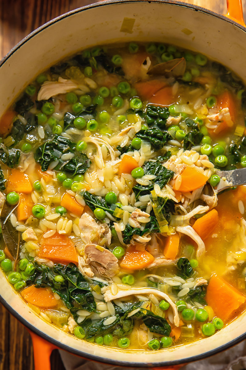 Close up shot of chicken soup with veg and orzo in a pot