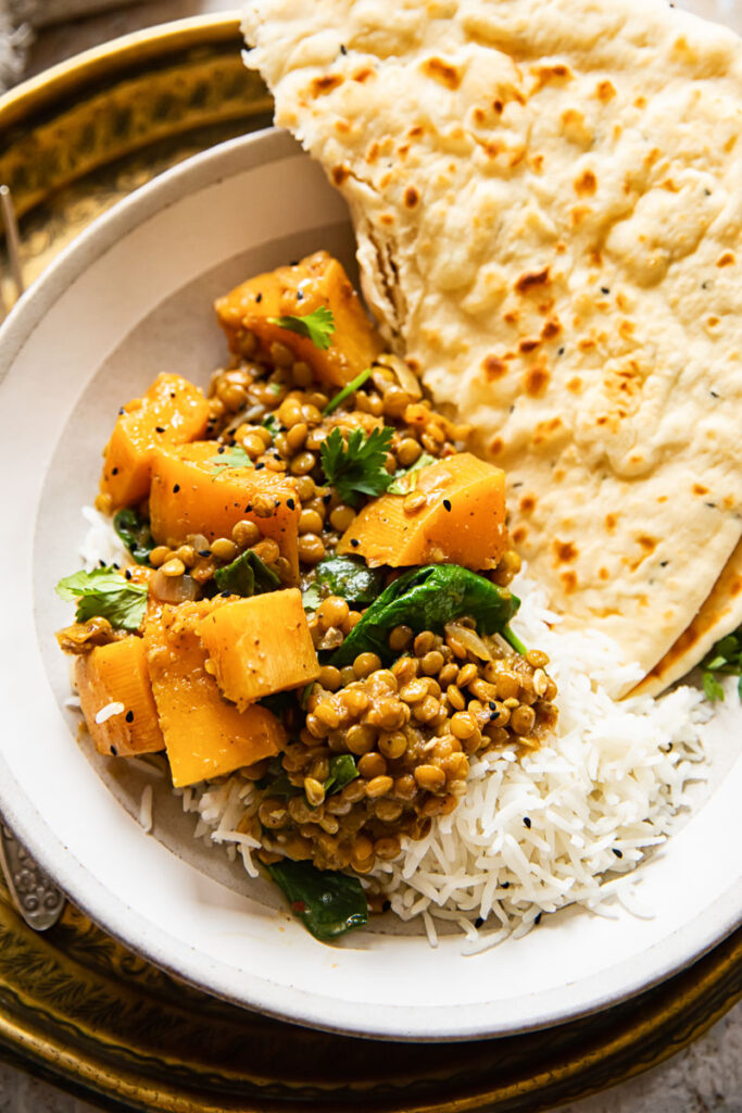 Vegan coconut lentil curry in bowl
