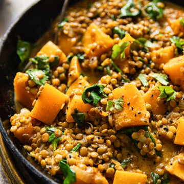 Coconut lentil curry in a pan