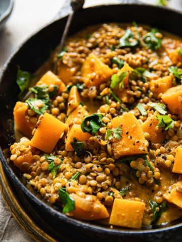 Coconut lentil curry in a pan