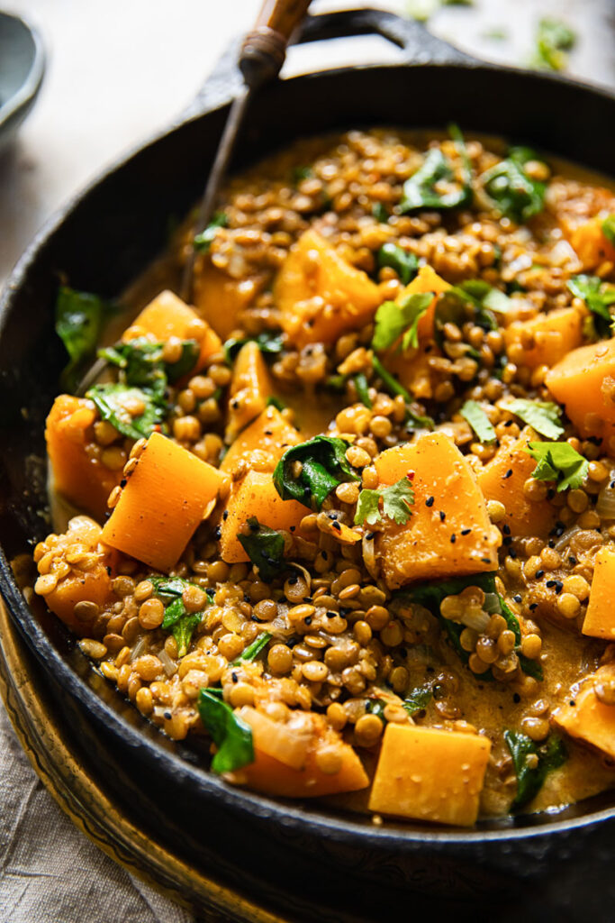 Coconut lentil curry in a pan