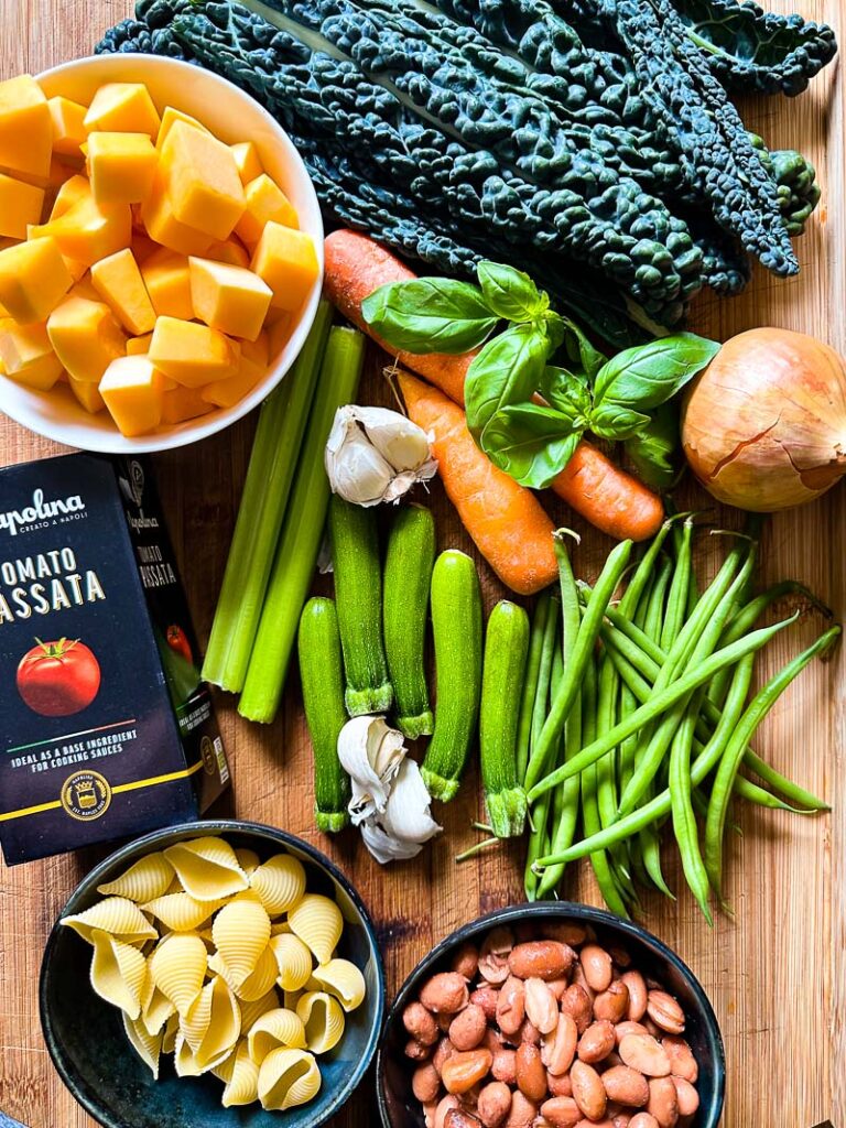 Top down shot of ingredients on a wooden board