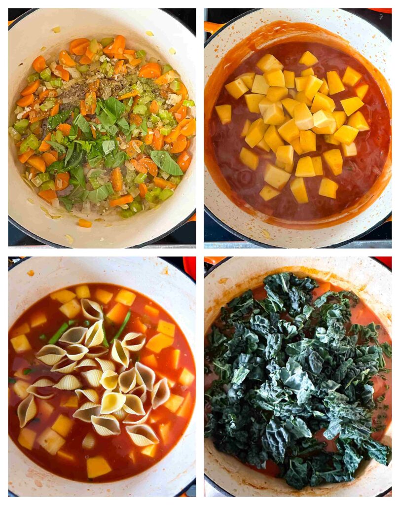 Four process shots showing the order of ingredients added to a pot