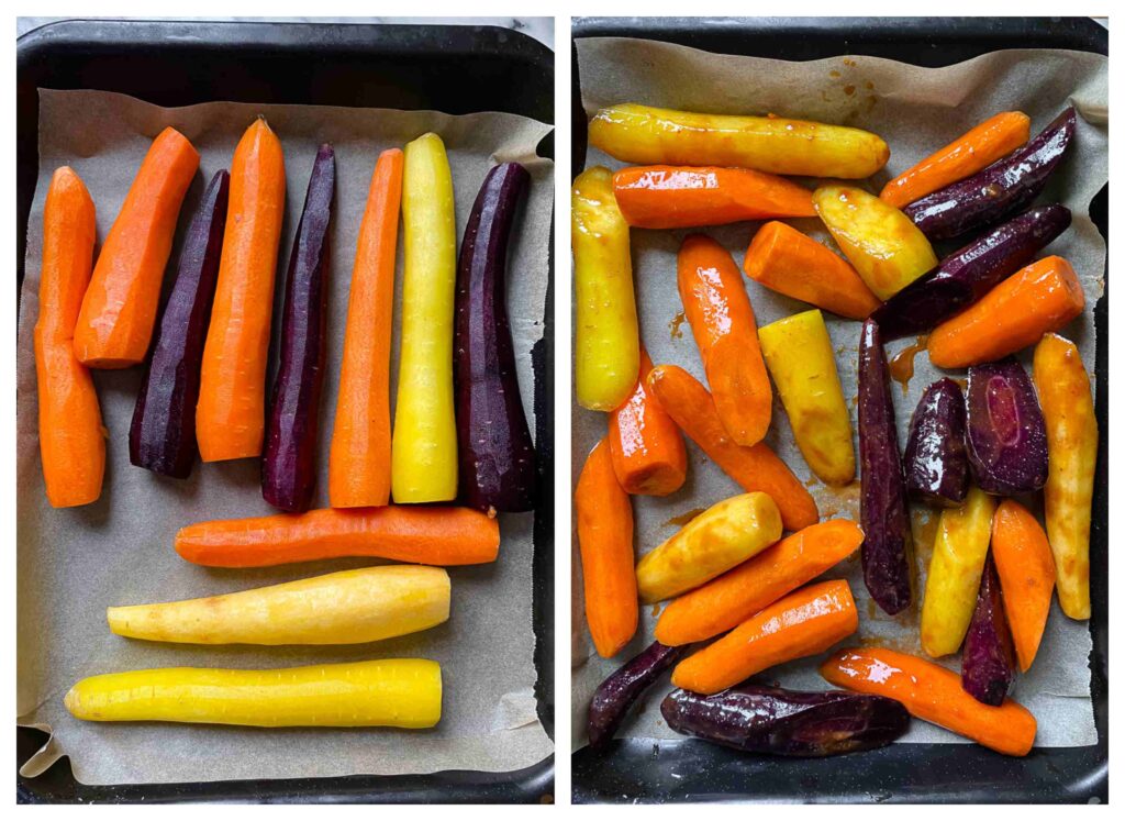 Two shots of carrots on a baking tray, one with glaze