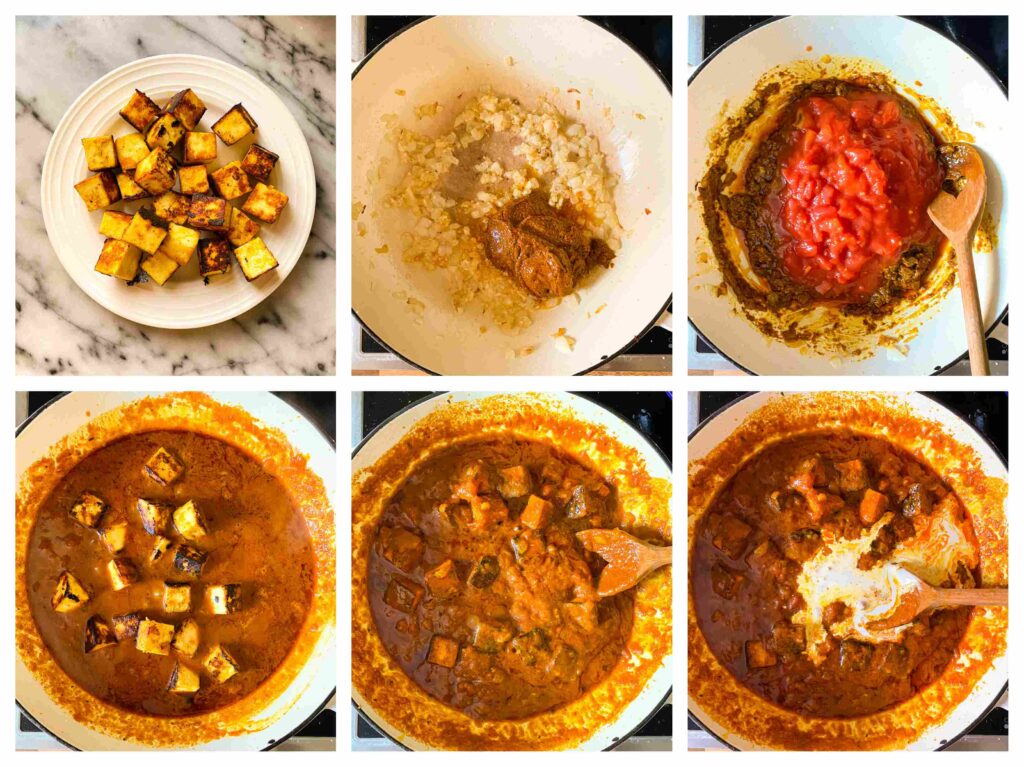 collage of six photos with the process of making paneer tikka masala