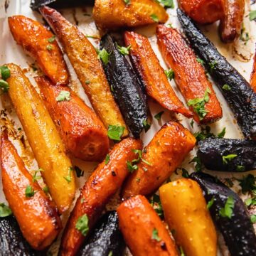 Colourful miso roasted carrots with parsley