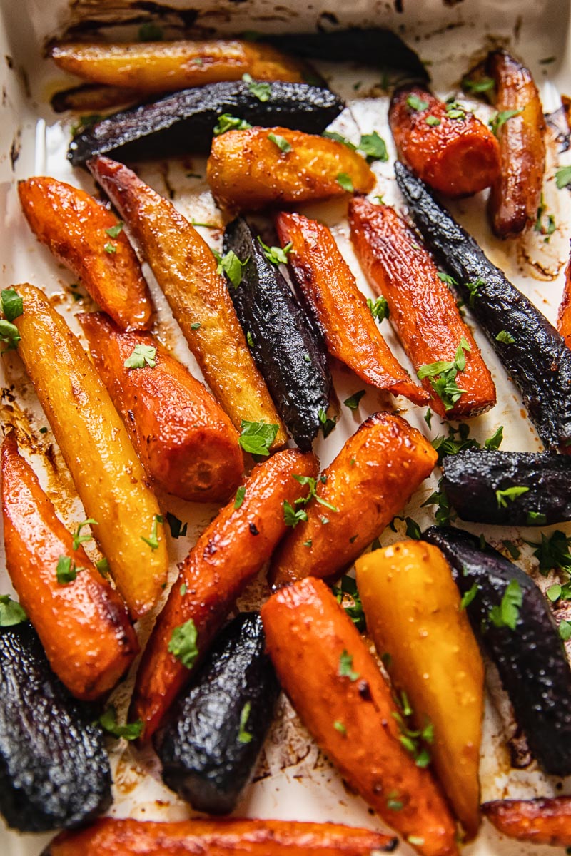 Colourful miso roasted carrots with parsley