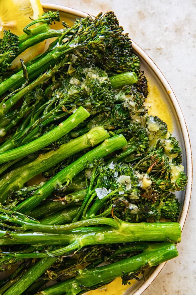 Close up of the broccoli with salt and lemon