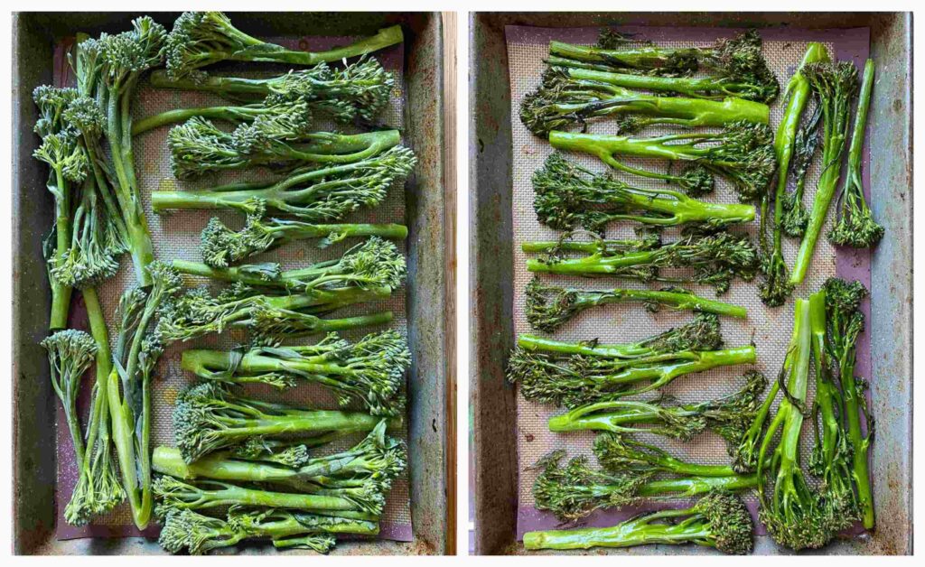 Two process shots showing rows of Tenderstem broccoli on a baking tray