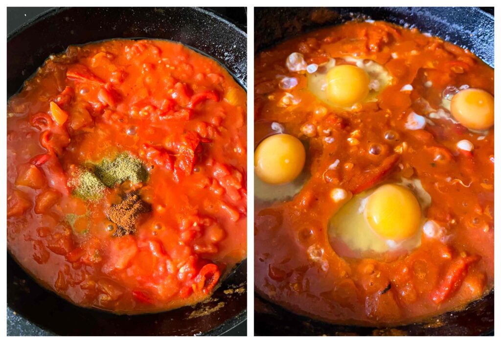 Shot of spices added to pan next to shot of eggs added to shakshuka