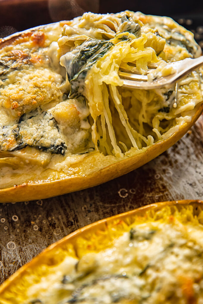 Spaghetti squash with spinach and artichoke stuffing