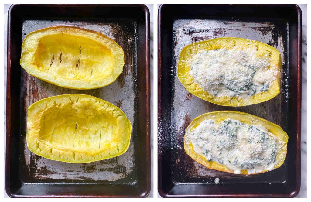 Process shots of squash on a baking sheet being filled