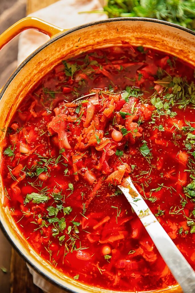 pot of vegetarian borscht with a ladle
