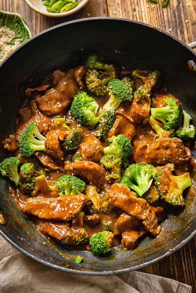 wok with beef and broccoli from the top down