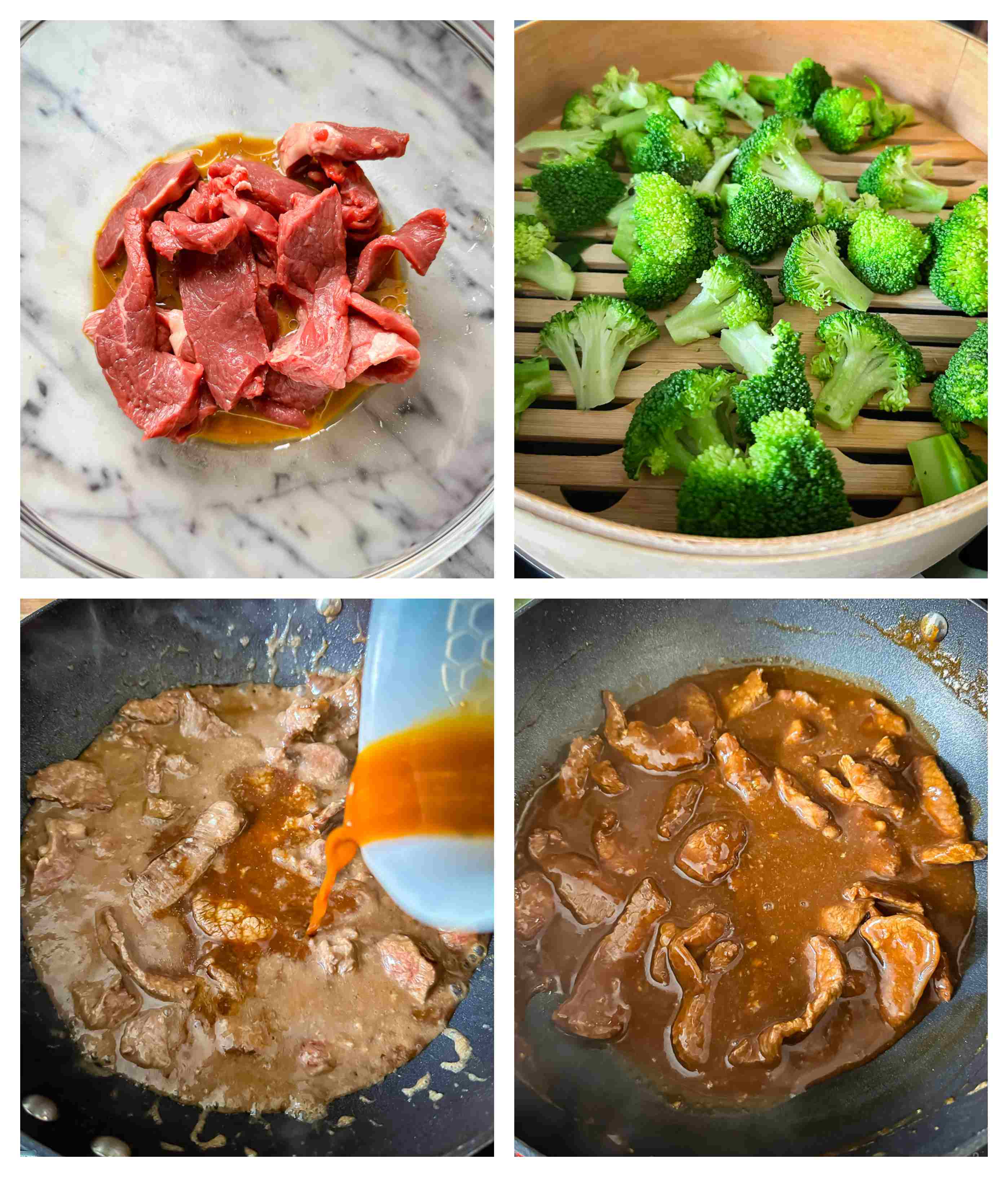 Flavor-Packed Beef and Broccoli 4 Four process shots showing the stages of making Beef and Broccoli Stir Fry.
