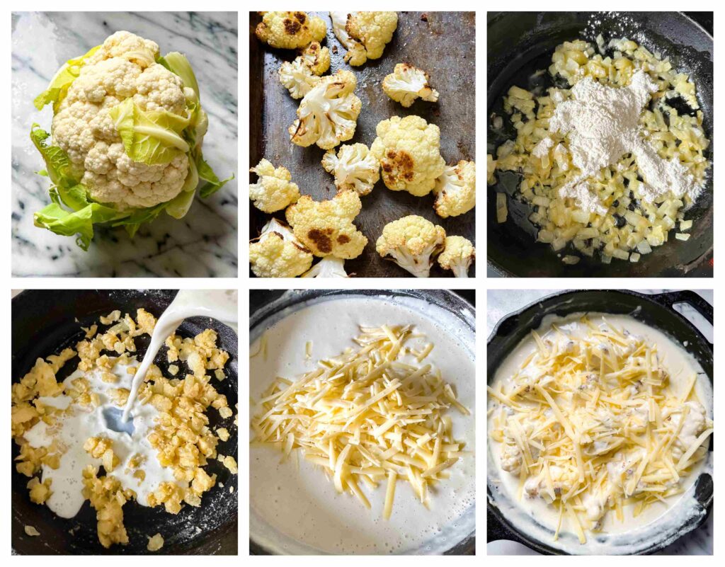Process shots of cauliflower being cut into florets and Mornay sauce being prepared