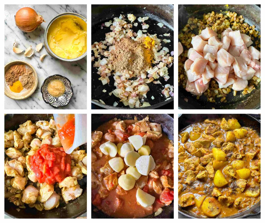 Process shots of curry ingredients being prepared then cooked together in a pan
