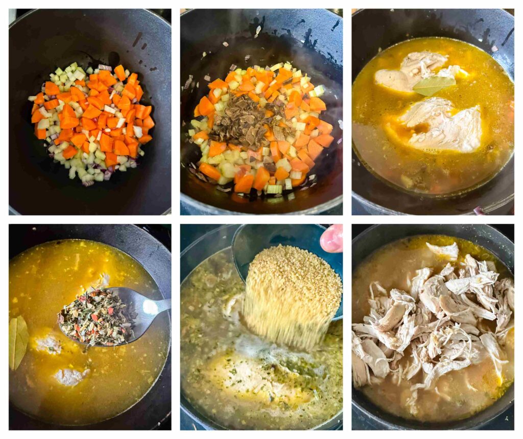 Process shots of carrots and celery being combined with chicken and grains to make a soup