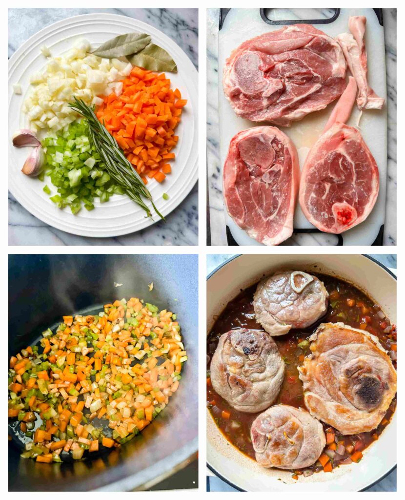 Process shots of pork osso buco ingredients being prepared and cooked together