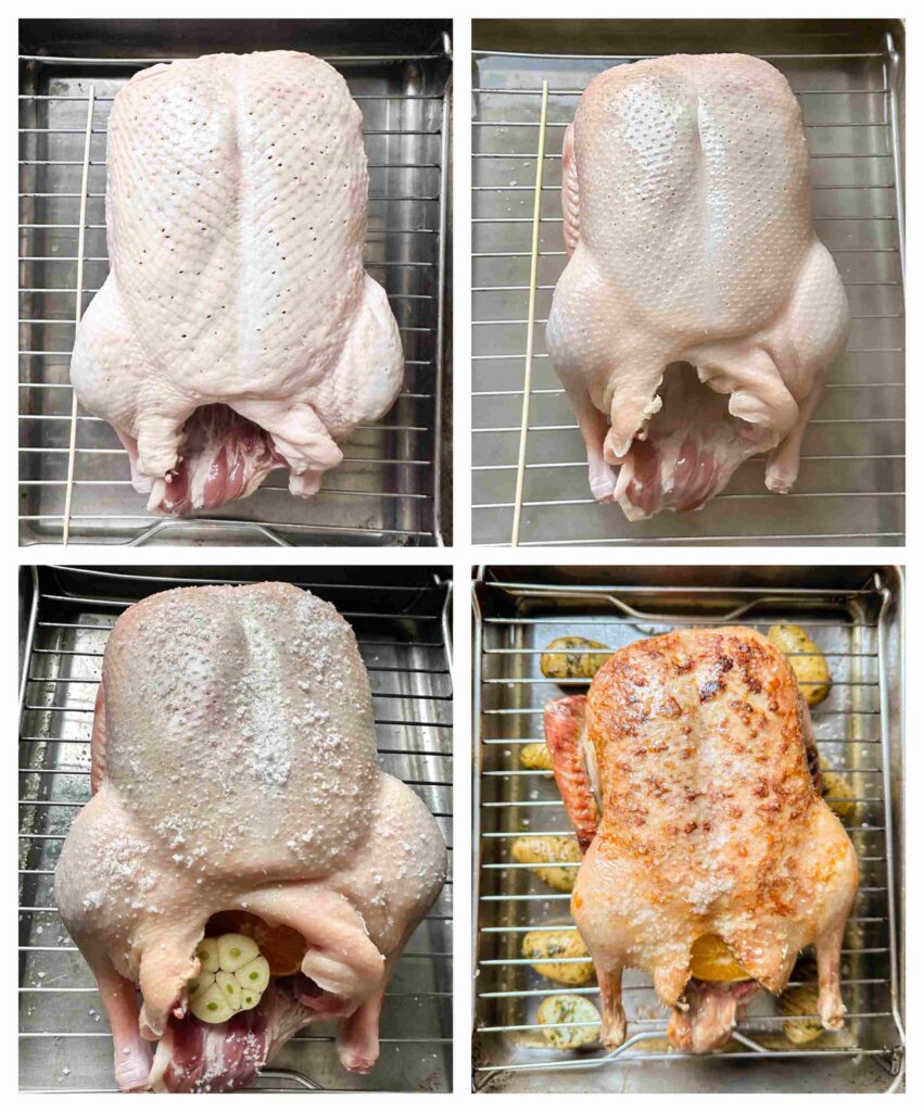 Process shots of whole duck being cooked in the oven
