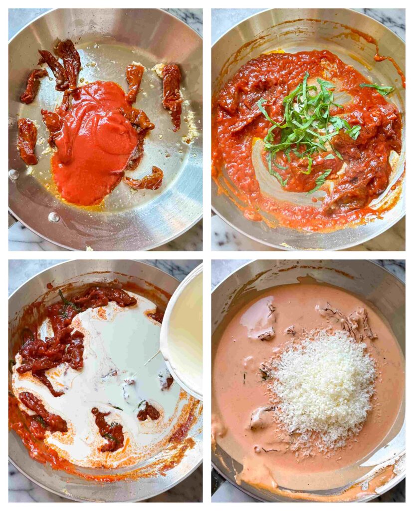 four process shots showing how to make the cream sauce