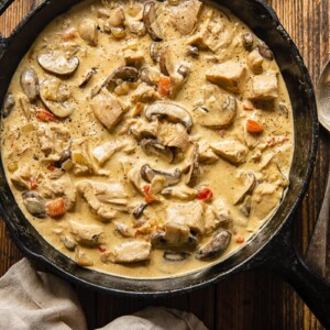 Top down view of Turkey a la King in a pan with peppers and mushrooms