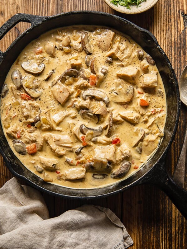Top down view of Turkey a la King in a pan with peppers and mushrooms