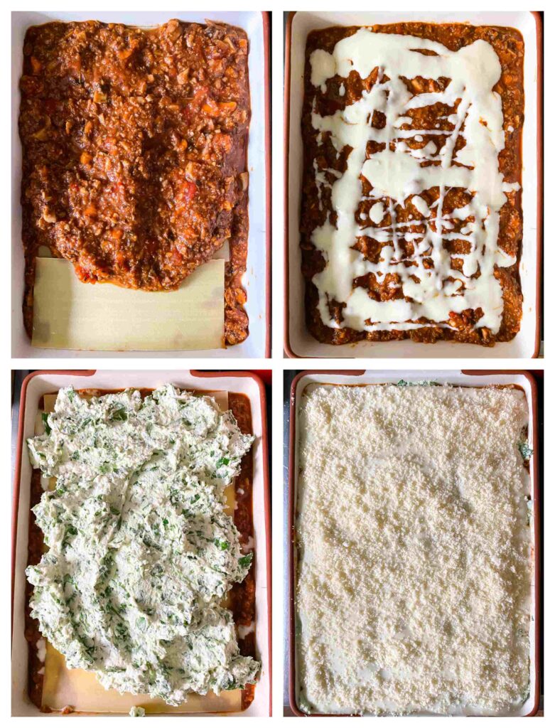 Process shots showing assembly of lasagna