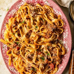 Plate of pasta with vegetarian mushroom bolognese
